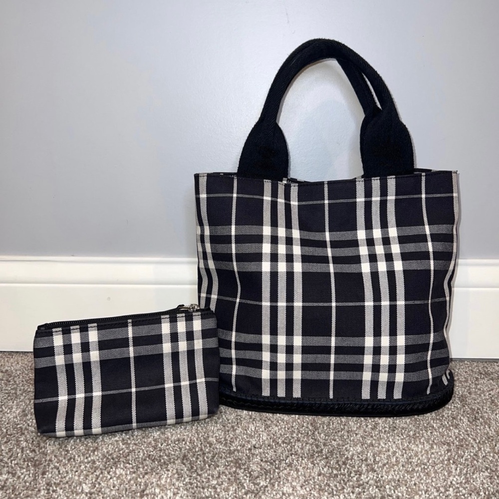 Vintage Burberry Canvas Plaid Bucket Bag with Matching Cosmetics Pouch